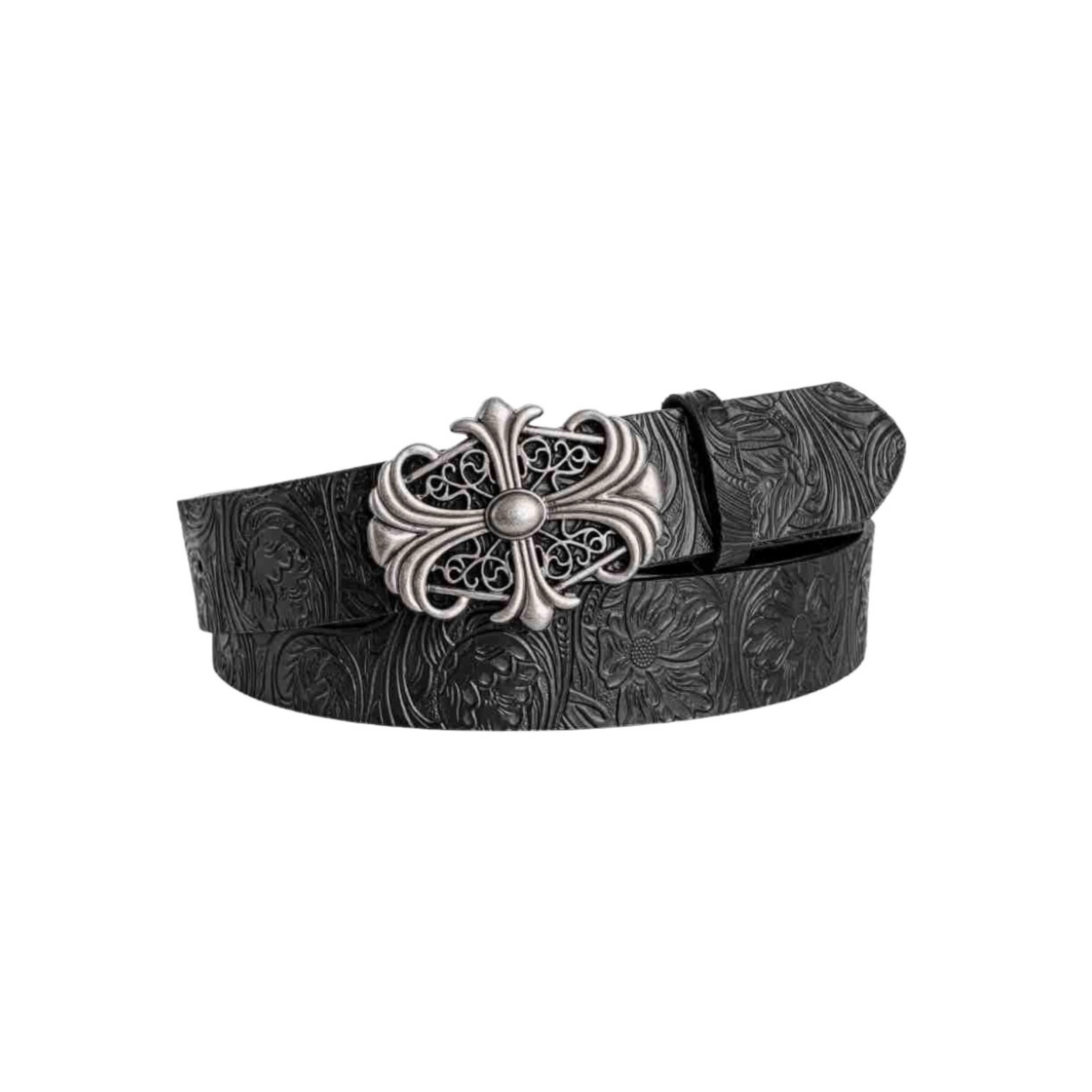 Retro Siyah Çapraz Perçinli Çiçek Desenli Deri Unisex Kemer