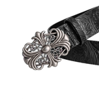 Retro Siyah Çapraz Perçinli Çiçek Desenli Deri Unisex Kemer
