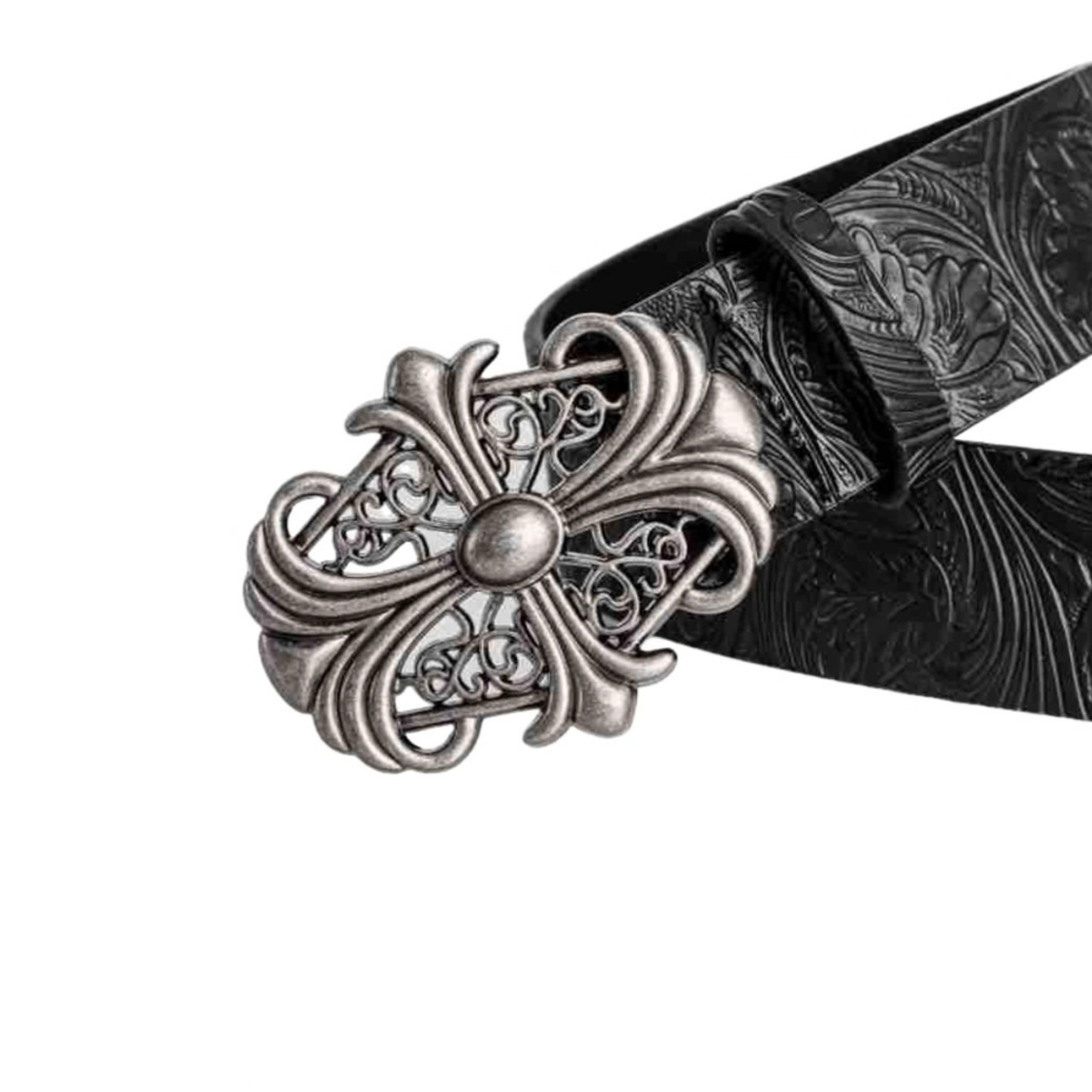 Retro Siyah Çapraz Perçinli Çiçek Desenli Deri Unisex Kemer